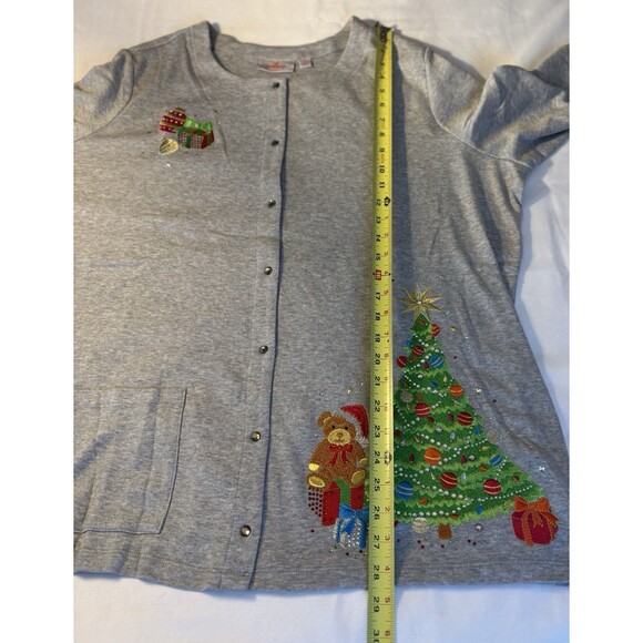 QUAKER FACTORY Embellished Christmas Gray Snap Front Sweatshirt 2X Holiday Tree - Picture 15 of 16